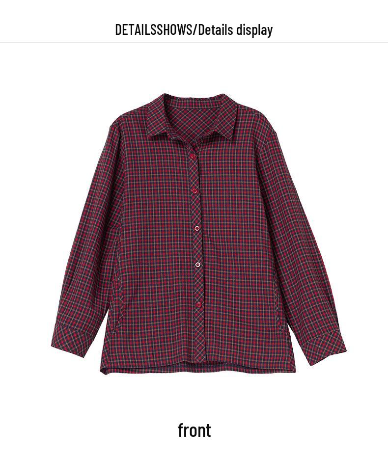 2025 New Autumn Plaid Cotton Shirt for Middle-Aged & Elderly Women - Plus Size, Turn-Down Collar, Cotton Linen