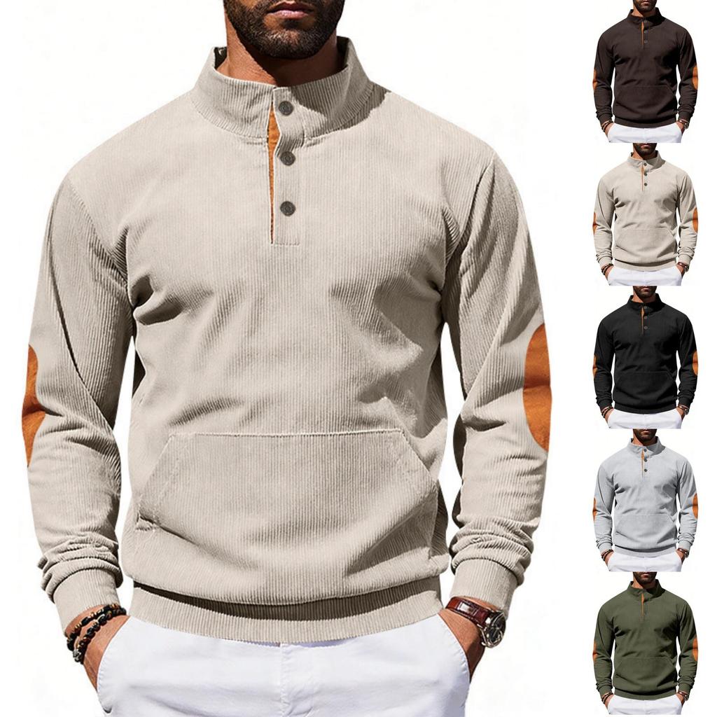 Men's Loose Fit Corduroy Sweatshirt Vintage Color Block Stand Collar Long Sleeve Casual Pullover for Spring and Fall