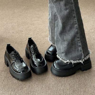 Black Platform Versatile Small Leather Shoes Women'S 22 Winter Velvet Retro British Style Japanese Single Shoes