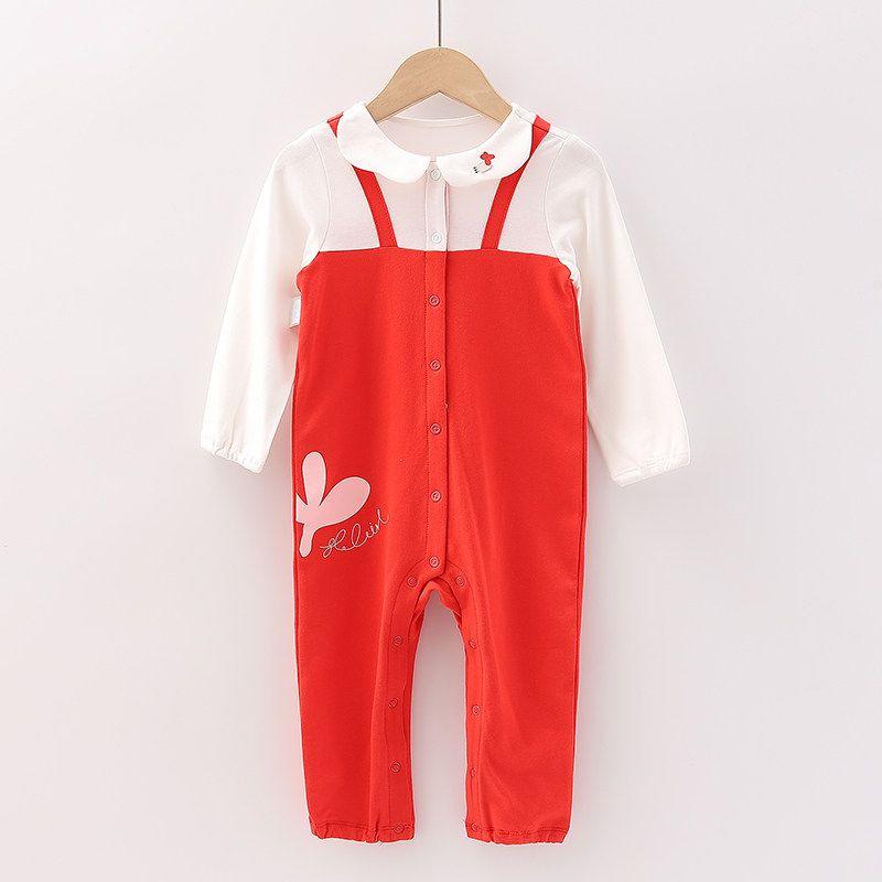 [Good] Mall Brand Discount New Style Baby and Toddler Comfortable Pure Cotton Breathable Patchwork Long-Sleeve Romper 1X036 White+Red 73 cm