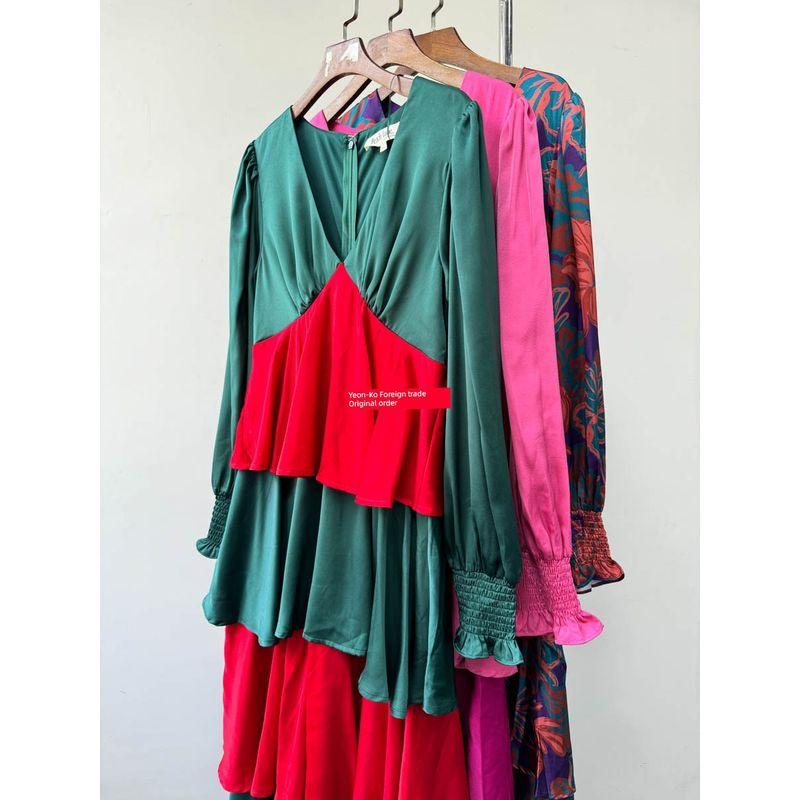 

Outside Single Los Angeles Single Satin Cake Dress Smooth Material V Neck Autumn Vacation Long Dress Large Dress Green/Red Cake Dress Christmas M