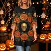 Women's Halloween Printed Casual Loose Fit Top with Round Neck and Three-Quarter Sleeves