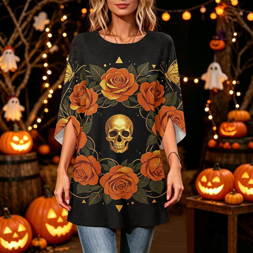 Women's Halloween Printed Casual Loose Fit Top with Round Neck and Three-Quarter Sleeves
