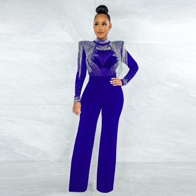 Women's Fashion Sexy Casual Slim High Neck See-through Hot Diamond Tassel Models Jumpsuit Women