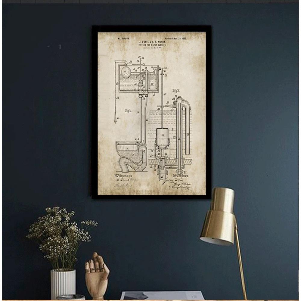 Bathroom Patent Vintage S Prints ,Toilet Roll,Cistern,Lavatory Design,Loo Canvas Painting Blueprints Home Wall Art Decor