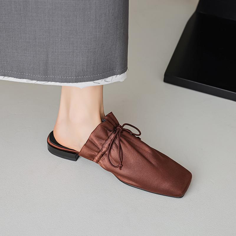 Fashion Retro Leather Covered Toe Slippers Women Low-heel Leisure Soft Leather Mules Female Shoes for Women 2025 Slides Women Sandals