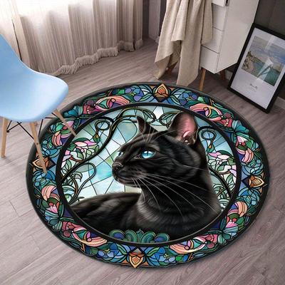 Tapete Redondo com Design de Vitral de Gato Preto Veludo Cristal Tema Animal de Estimação Tapete para Quarto Sala de Estar Tapete Decorativo para Chão