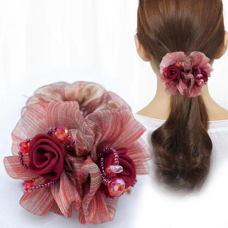 Vintage-Inspired Floral Scrunchie - Mixed Color Fabric Hair Tie for Women, Elegant Ponytail Holder