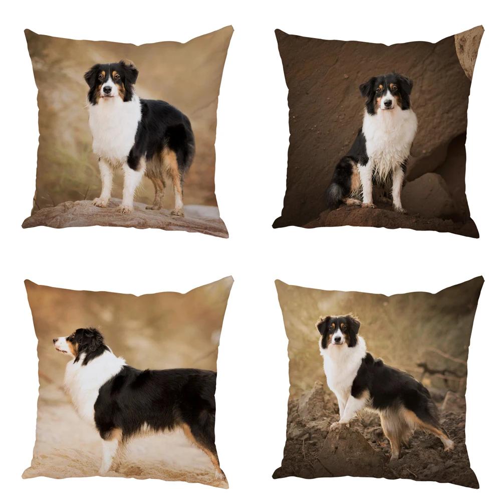 Cute Australian Shepherd Dog Pillow Case Peach Skin Decor Pet Animal Cushion Cover Thorw Pillowcase for Sofa Home Car 45x45cm