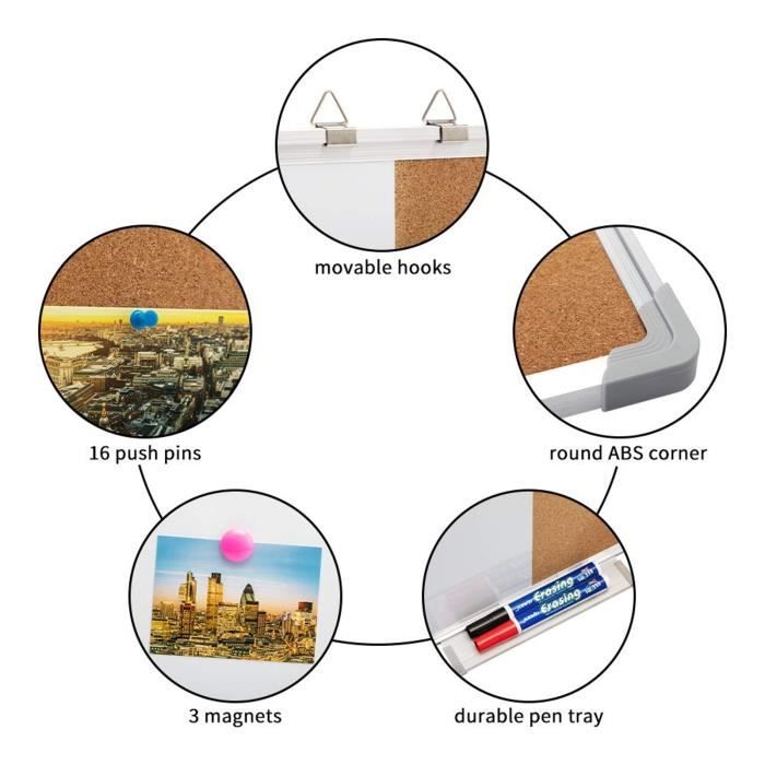 DOEWORKS Tableau Blanc Magnétique &amp; Tableau en Liège, Combinaison de Liège avec Cadre en Aluminium, 40x30cm