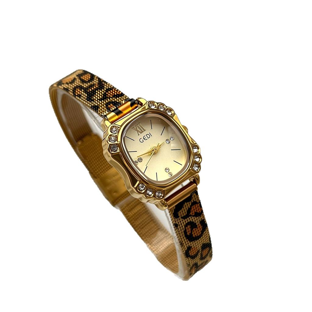Retro Diamond-Encrusted Small Square Watch Female Style Exquisite Milan Mesh Belt Quartz Watch Leopard Print Watch
