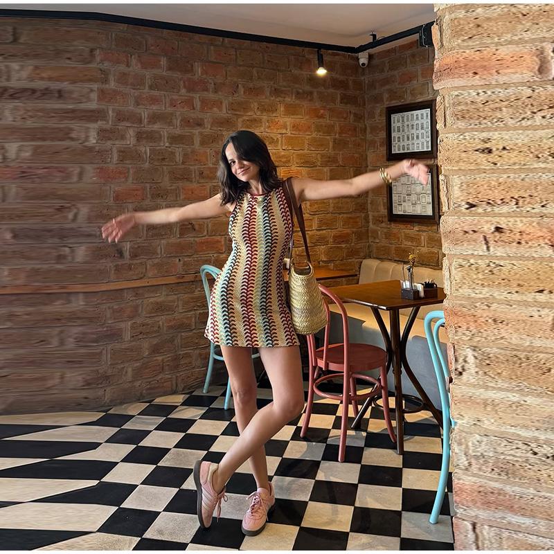 Summer New Style European and American Style Crocheted Floral Contrast Color Sleeveless Dress