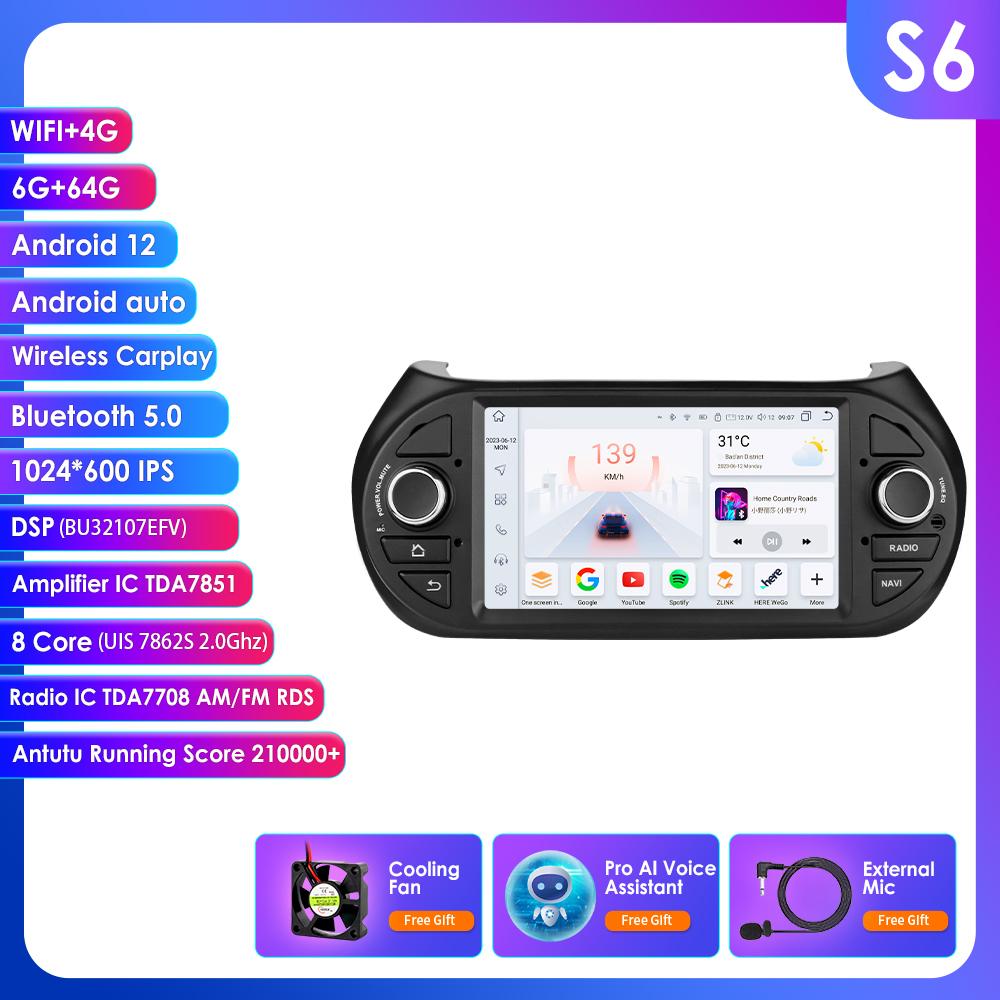 OSSURET Intelligent Carplay 4G RDS 7'' 7862 AI 2din Android 13 Car Radio for Fiat Fiorino /Citroen Nemo / Peugeot Bipper GPS Multimedia Video Player