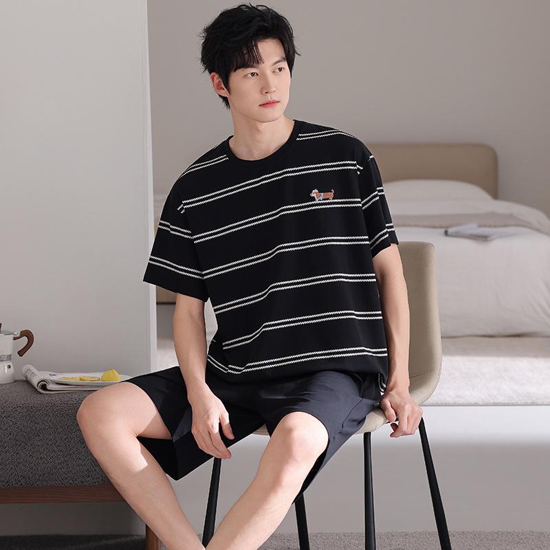 Pajamas Men's Summer Cotton Black Short Sleeve Shorts Men's Teen Summer Simple Casual Homewear Set