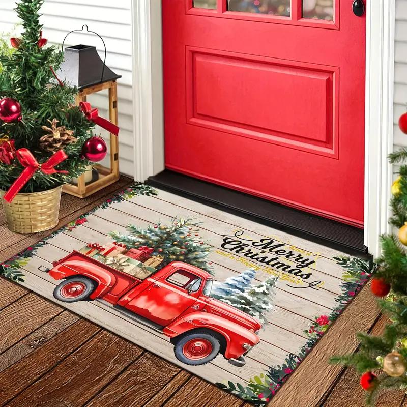 Red Truck Merry Christmas Doormat Festive Decorative Rug Indoor/Outdoor Entrance Mat Non-Slip, Stain-Resistant Home Decor
