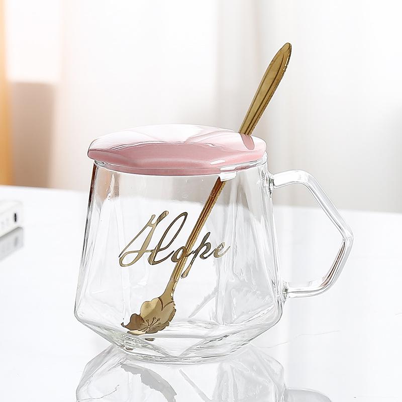 Taza de vidrio simple de vidrio con tapa cuchara oficina hombres y mujeres pareja taza de agua taza de café