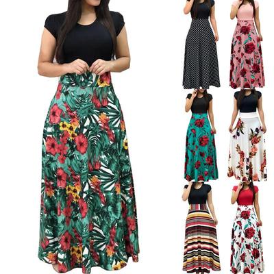 Damen Vintage Strand Lange Kleidung Floral Maxi Party Kurzarm Rock Rundhals Kleid S-3XL