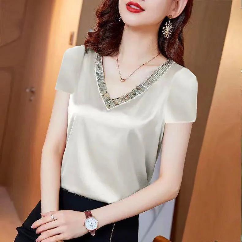 

WTEMPO Женские рубашки Ice Silk Rhinestone весна-лето женские ретро элегантные повседневные свободные тонкие топы с V-образным вырезом M белый