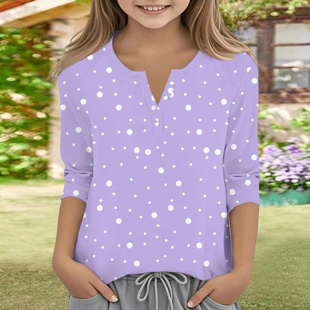 Print Tops For Youth Girls V Neck Button 3/4 Sleeves T-Shirts Trendy Tops Outfit Tees