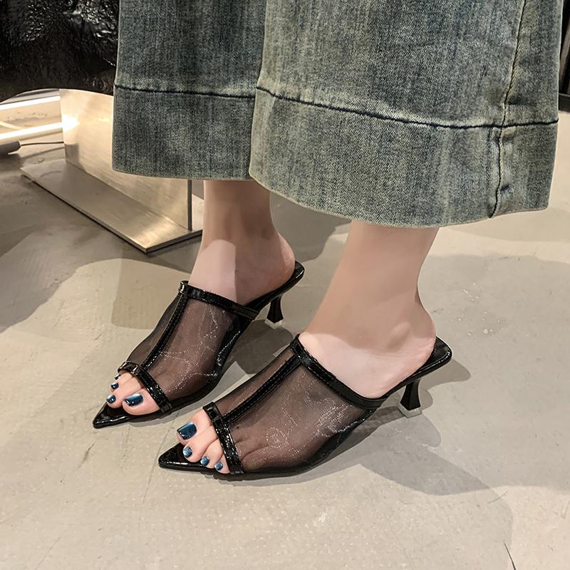 

Transparent Silk Gauze Mule Slides Woman Bling Lace Mesh Pointed Toe High Heel Slipper Sandals Ladies Evening Party Pump Shoes 35