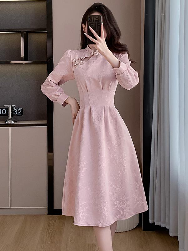 Pink Cheongsam Long Sleeve Bridesmaid Dress - Spring Engagement and Homecoming Style