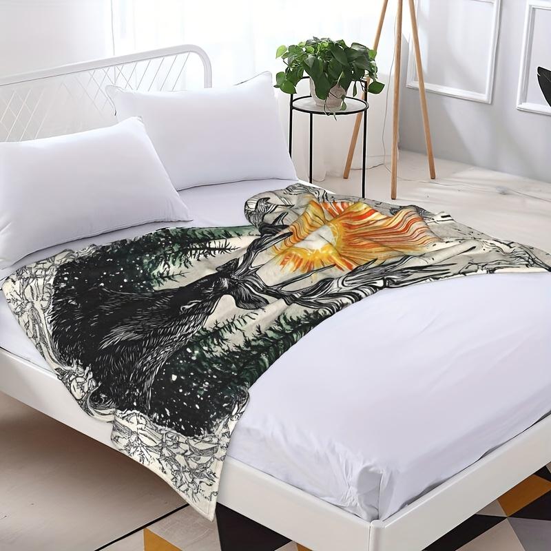 Mystical Sun on Antlers Flannel Blanket –Vintage-Inspired Reversible Throw with Deer Silhouette & Cosmic Design,Polyester Warmth