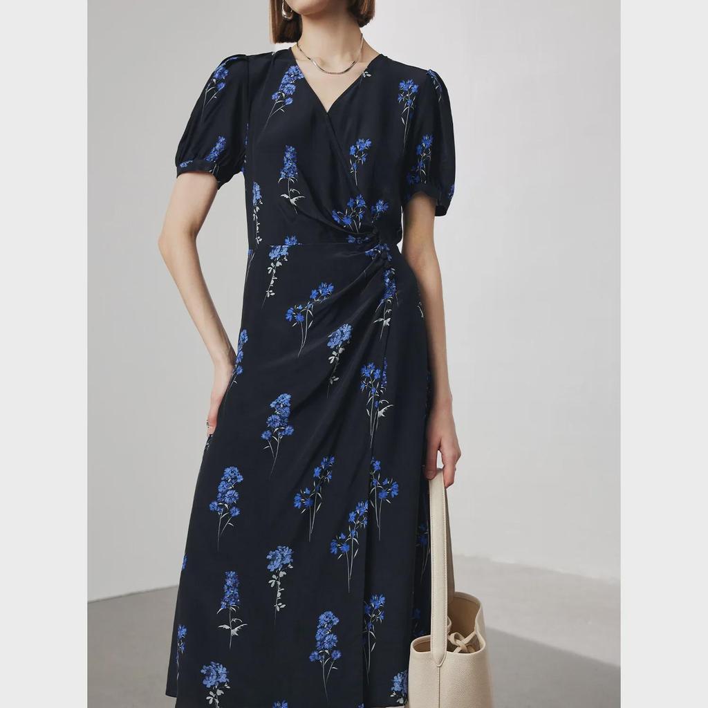 Damen V-Ausschnitt Seidenkleid - Frühjahr/Sommer Kollektion 2025, Kurzärmelig, Gefütterter Doppel-Crepe, 100% Maulbeerseide.