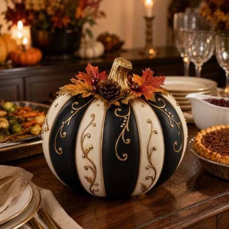 Battery-Operated Lighted Pumpkin Decors with Warm Glowing, Resin Body, Pinecones and Fall Leaf Accent for Halloween and Thanksgiving Displays