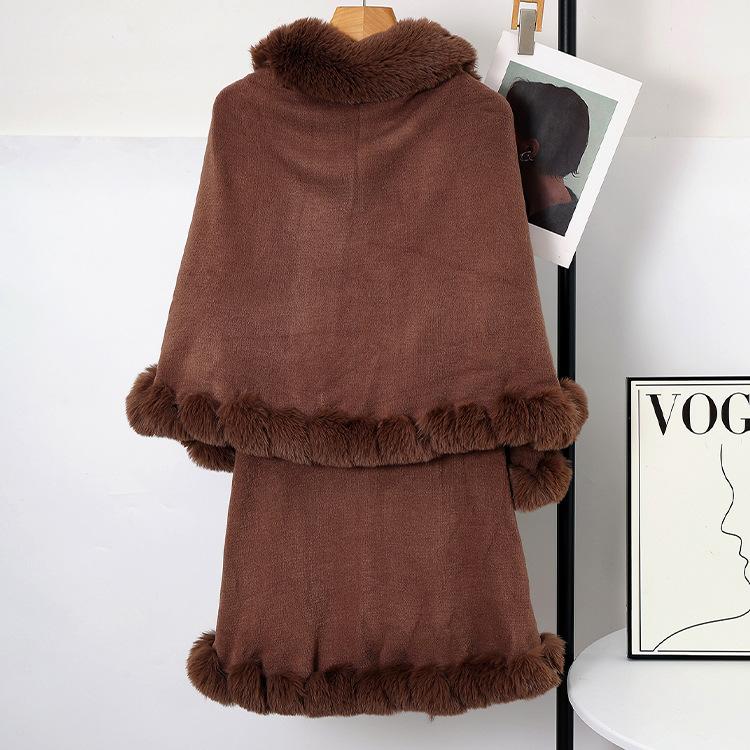 Women Double‑Layer Faux Fur Trim Poncho Shawl Winter Warm Open Front Cape Outerwear