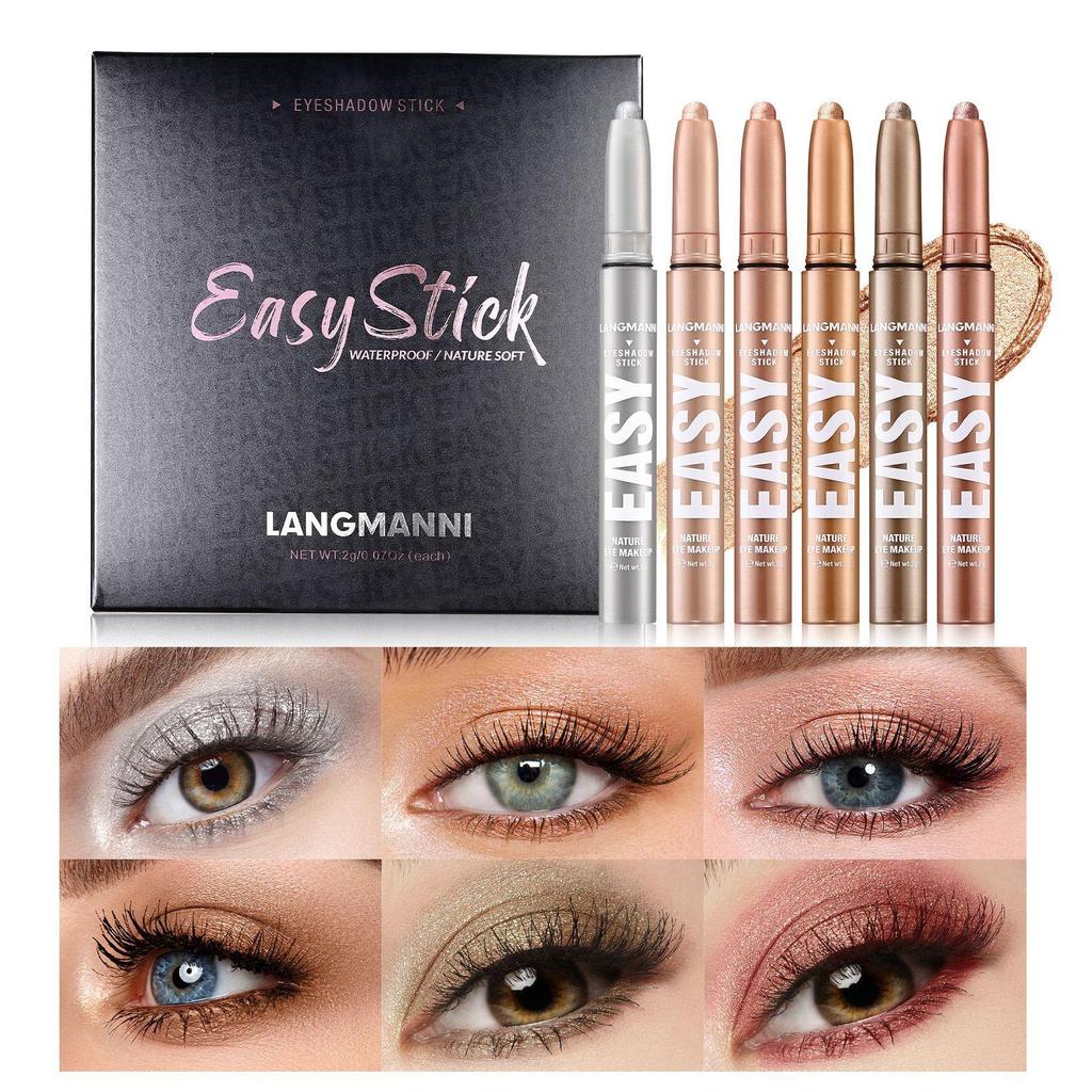 6pcs/set Pearlescent Matte Eyeshadow Stick Set Eyeshadow Pencil Shimmer Pearly Glitter Finish Multicoloured Smudge Proof Eyeshadow Pen Make-Up Stick