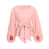 Women Summer Loose Casual Bowknot Bandage Lantern Sleeves Round Neck Blouse