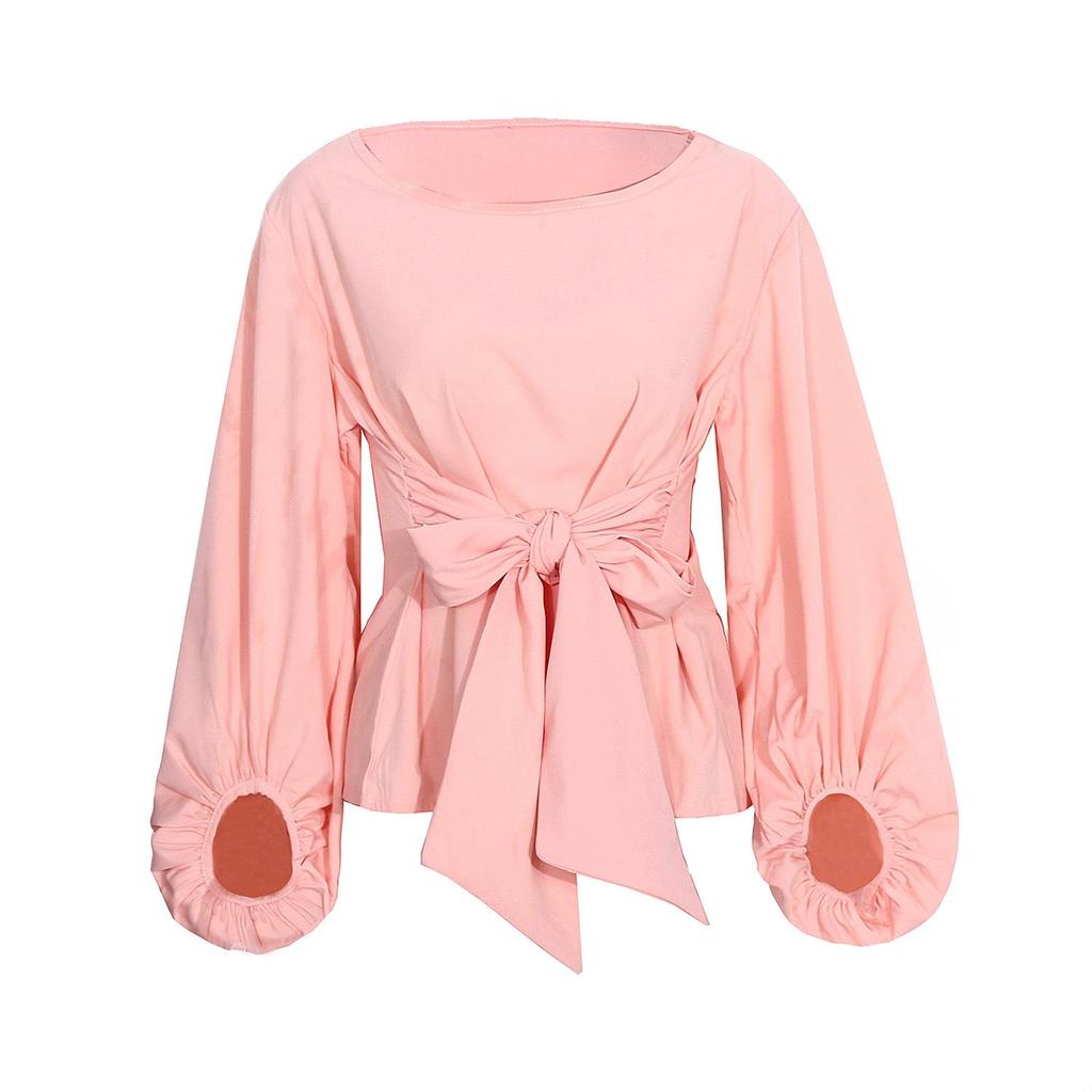 Women Summer Loose Casual Bowknot Bandage Lantern Sleeves Round Neck Blouse