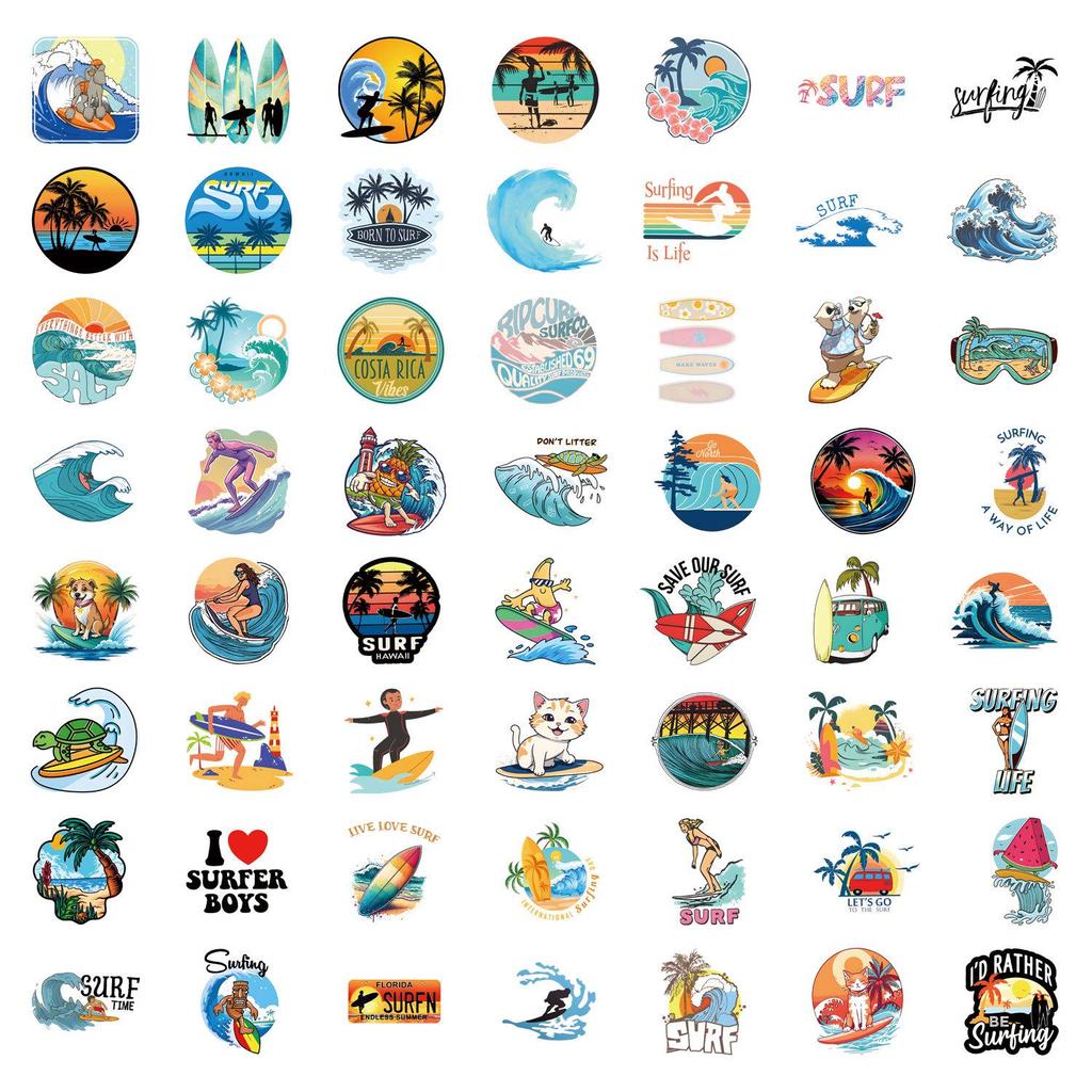60 Cartoon Beach & Surf Stickers: Waterproof Decorations for Journals, Water Bottles, and Computers.