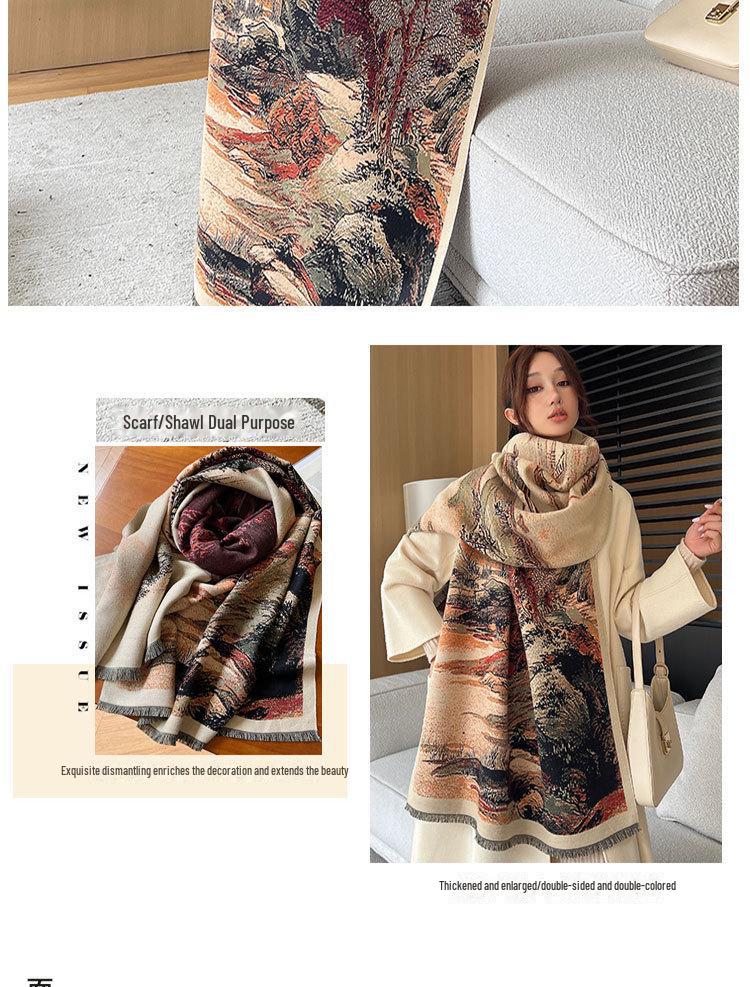 Ethnic Style Landscape Oil Painting Scarf - Autumn/Winter Fashion for Female Students, Warm Imitation Cashmere Shawl