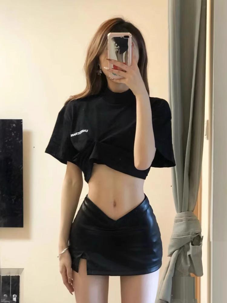 

Women s Black Spicy Low Waist Leather Bodycon Midi Skirt with Autumn Slit XS