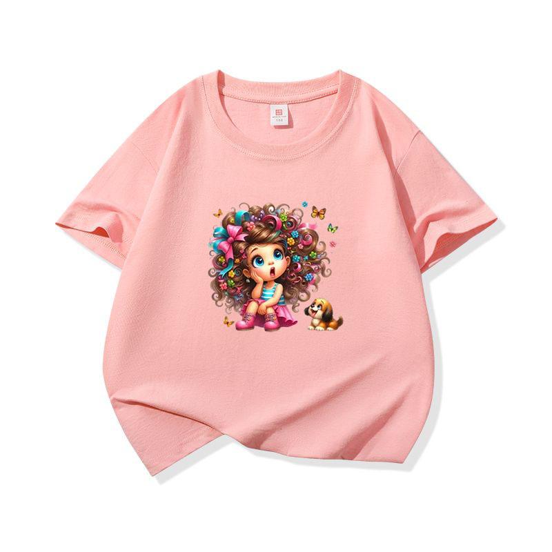 Kids Cotton T Shirt Floral Curly Hair Girl Sitting With Puppy Dog Print Crew Neck Short Sleeve Tee Casual Boys Girls Summer Tops