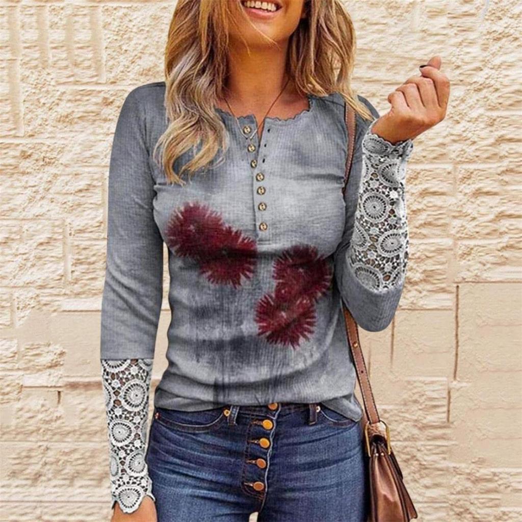 Slim Knit Fall New Women'S  Lace Long Sleeve V-Neck Printed Women'S T-Shirt