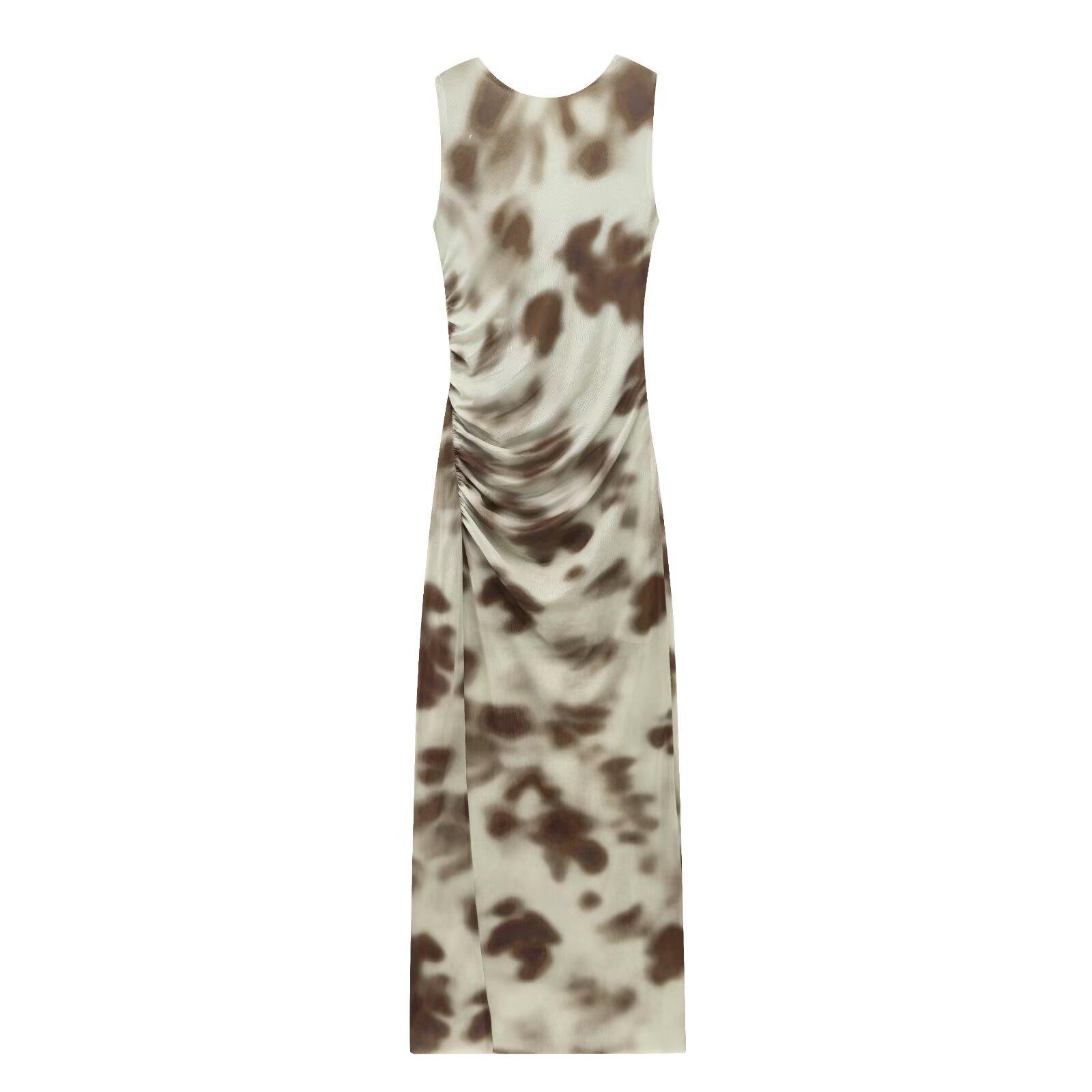 

2025 Spring Women s European & American Fashion Pleated Print Sleeveless Midi Dress L