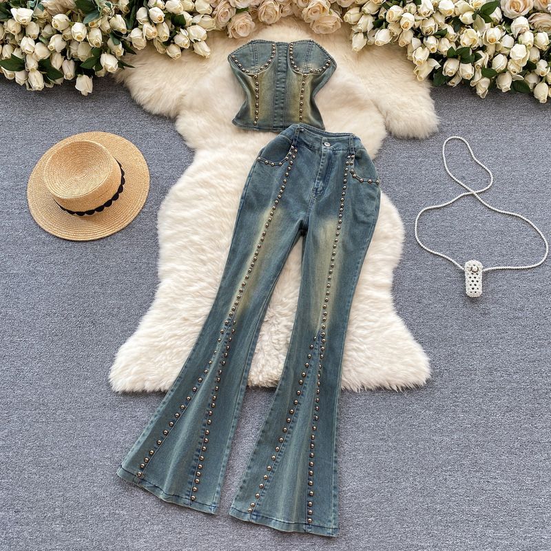 American Retro Denim Tube Top Bootcut Pants Beaded
