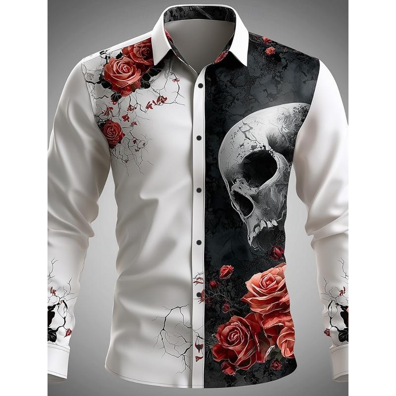 Halloween Thema Mannen Halloween Kostuums Schedels Shirt Knoopsluiting Shirt Casual Overhemd Lange Mouw Donkere Gotische Stijl Tops