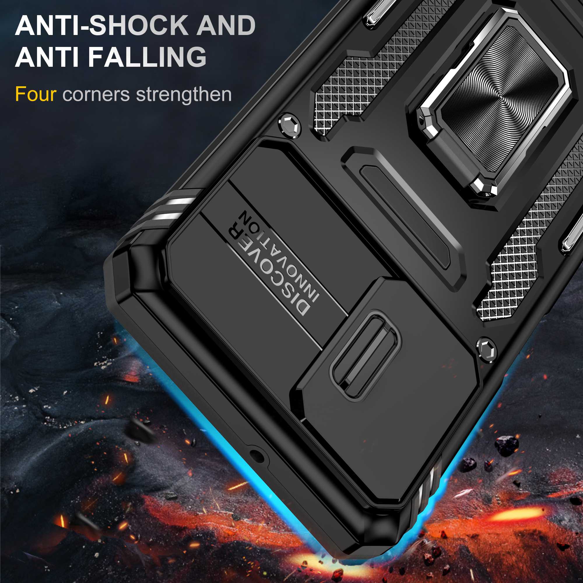 

For Samsung Galaxy A32 5G/Galaxy M32 5G Protective Case with Slide Lens Cover PC+TPU Ring Kickstand Cell Phone Anti-Drop Case Black