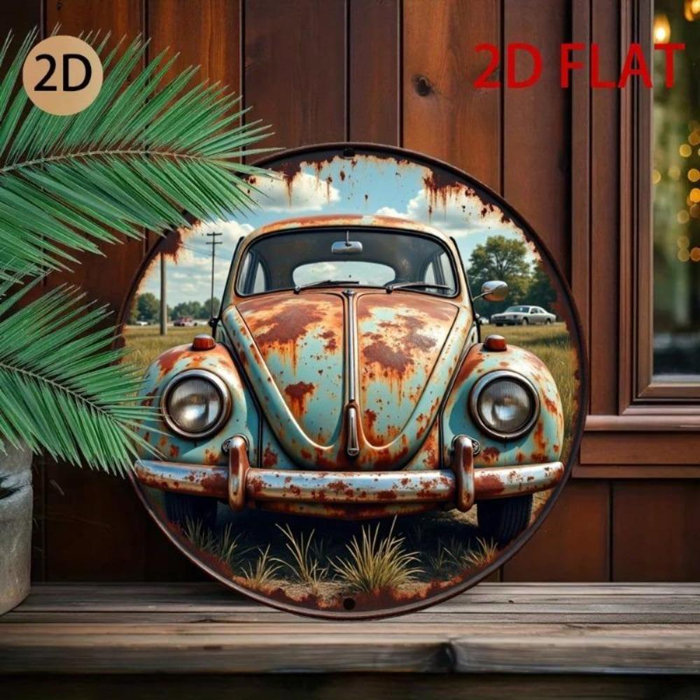 Vintage Car Rusty Metal Tin Sign 2D Round Retro Garage Cafe Wall Decor