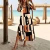 Women Fashion Round Neck Dazzling Dyeing Splicing Geometry Printed Short Sleeve Side Slit Dress Casual Vacation Dress Long Loose Dress