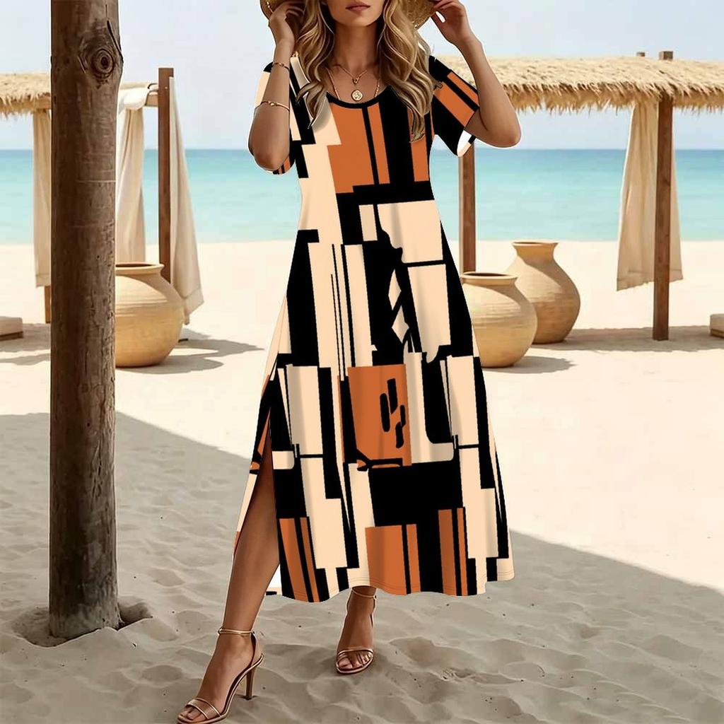 Women Fashion Round Neck Dazzling Dyeing Splicing Geometry Printed Short Sleeve Side Slit Dress Casual Vacation Dress Long Loose Dress