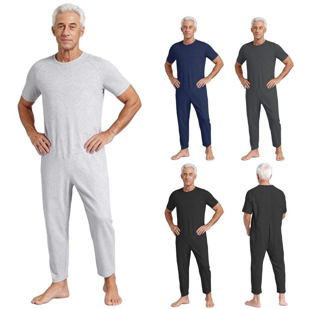 Men‘s Adaptive Clothing Jumpsuit XS-3XL: Round Neck Short Sleeve Solid Color with Back Zip-up Design for Dementia Elderly & Special Needs