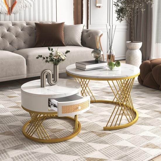 End Table 2 In 1 Round Coffee Made of MDF Side with A Marble Tabletop and Plastic Rattan Sofa Drawers Solid Wood Handles Gold-Colored Iron Legs. 70