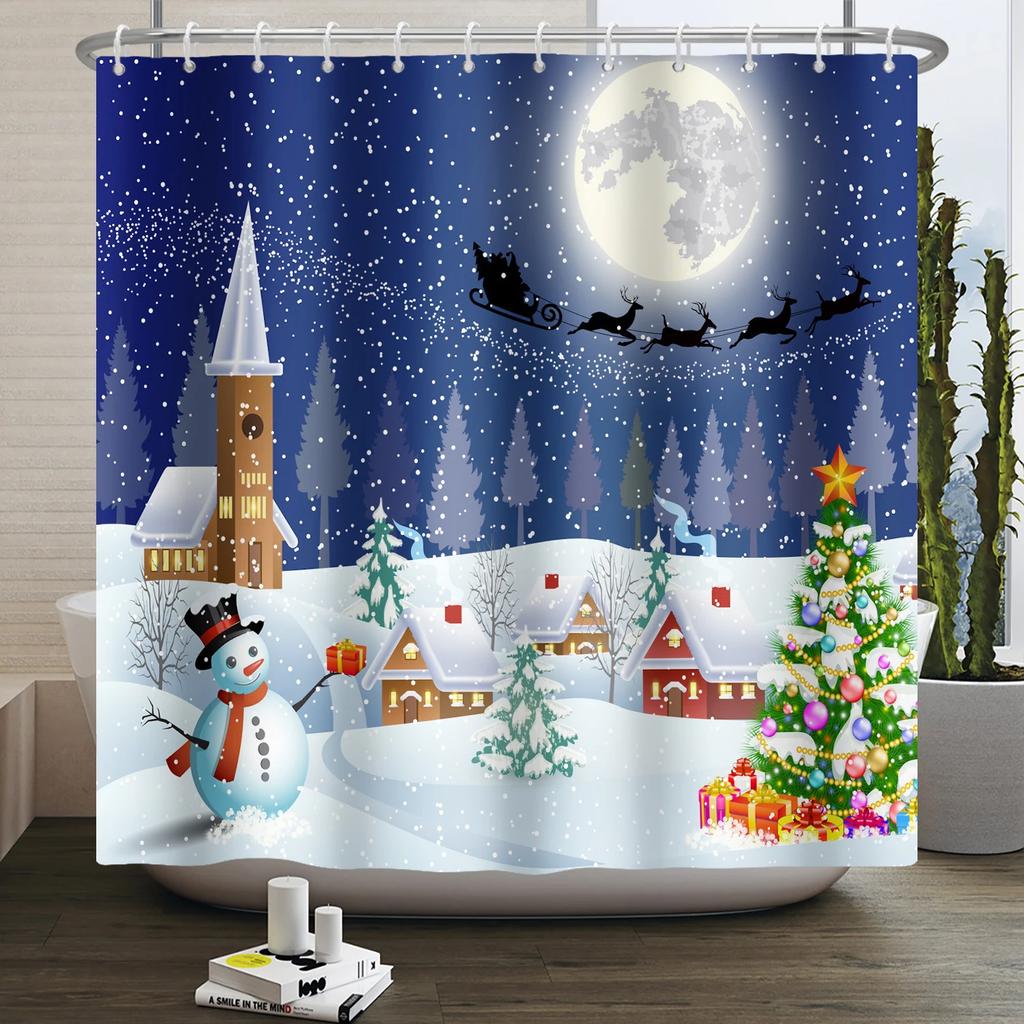Christmas Shower Curtain Xmas Tree Winter Forest Snow Cute Snowman Bathroom Shower Curtain Waterproof Bath Curtain With Hook