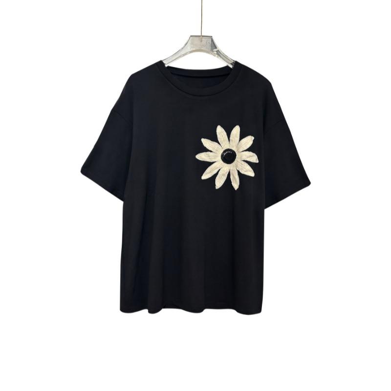 Summer Flower Embroidery Loose Women Blouse Round Neck Short Sleeved T-shirt Fashion Elegant Casual Tops Sweet Simple Office Black Shirts