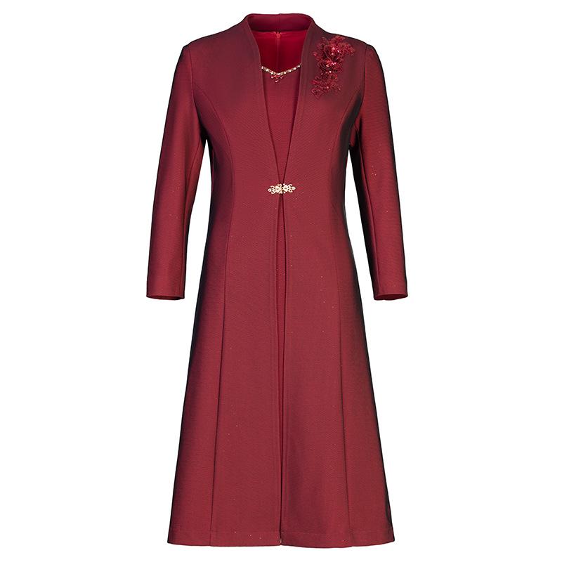 2022 Autumn/Winter Wine Red Women's Plus-Size Fleece Two-Piece Set for Middle-Aged & Elderly (Long Sleeve Jacket)