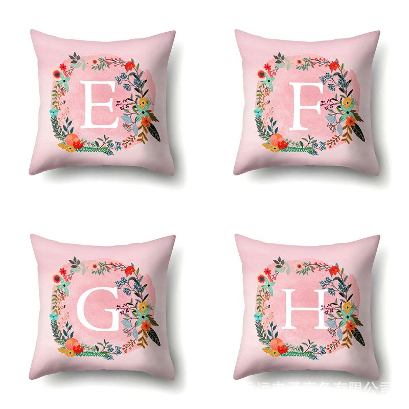 Polyester Pillowcase Pink Flower Home Decoration Print 26 English Letter Cushion Pillowcase